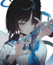 Rule 34 | 1girl, animal ears, black eyes, black hair, black nails, black sailor collar, blue archive, blue halo, blue neckerchief, cat&#039;s cradle, cat ears, cat tail, closed mouth, fingernails, halo, highres, kangshi, kikyou (blue archive), long sleeves, looking at viewer, multiple tails, nail polish, neckerchief, sailor collar, short hair, simple background, solo, tail, two tails, upper body, white background