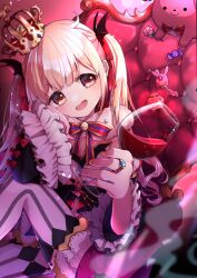 Rule 34 | 1girl, blonde hair, cape, cropped legs, crown, cup, drinking glass, frilled sleeves, frills, fur-trimmed cape, fur trim, futaba anzu, head rest, highres, holding, holding cup, idolmaster, idolmaster cinderella girls, jewelry, kuwaefuru, long hair, looking at viewer, open mouth, ring, smug, solo, striped clothes, striped thighhighs, thighhighs, tilted headwear, v-shaped eyebrows, vertical-striped clothes, vertical-striped thighhighs, wide sleeves, winde, wine glass