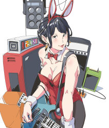 Rule 34 | 1girl, absurdres, animal ear headwear, animal ears, black eyes, black hair, black pantyhose, clock, detached collar, earrings, electric guitar, fake animal ears, guitar, hair bun, highres, holding, holding guitar, holding instrument, instrument, jewelry, leotard, looking at viewer, original, pantyhose, playboy bunny, rabbit ears, red leotard, robot0403, simple background, solo, speaker, standing, strapless, strapless leotard, white background, wire, wrist cuffs