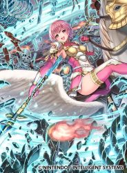 Rule 34 | 1girl, armor, belt, breastplate, breasts, circlet, commentary request, company name, copyright name, dress, elbow gloves, est (fire emblem), fire emblem, fire emblem cipher, fire emblem echoes: shadows of valentia, gloves, holding, holding weapon, horseback riding, kousei horiguchi, medium breasts, nintendo, official art, open mouth, outdoors, pauldrons, pegasus, pegasus knight uniform (fire emblem), pink eyes, pink hair, polearm, riding, short dress, short hair, shoulder armor, skull, smile, solo, spear, thighhighs, weapon, wings, zettai ryouiki