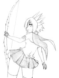 Rule 34 | 1girl, bow (weapon), camel (dansen), elbow gloves, female focus, from behind, gloves, looking back, milia, monochrome, profile, short hair, skirt, solo, thighhighs, weapon, zettai ryouiki