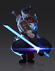 Rule 34 | 1boy, amo (amo9612), armor, bandages, black hair, blue eyes, boots, buzz cut, chest armor, chest plate, glowing, glowing weapon, highres, league of legends, looking at viewer, male focus, manly, mask, muscular, muscular male, pants, ponytail, pulsefire shen, scar, shen (league of legends), short hair, shoulder armor, shoulder pads, solo, squatting, sword, thick arms, veins, veiny arms, very short hair, weapon