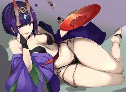Rule 34 | 1girl, agetama, alcohol, bare shoulders, barefoot sandals (jewelry), bob cut, breasts, bridal gauntlets, collarbone, cup, eyeliner, fang, fate/grand order, fate (series), headpiece, highres, horns, japanese clothes, kimono, legs, long sleeves, looking at viewer, makeup, navel, oni, pouring, pouring onto self, purple eyes, purple hair, purple kimono, revealing clothes, sakazuki, sake, short hair, shuten douji (fate), skin-covered horns, small breasts, smile, tongue, tongue out, wide sleeves
