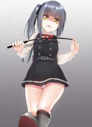 Rule 34 | 1girl, black dress, black socks, blurry, blurry foreground, bow, collared shirt, commentary request, depth of field, dress, gradient background, grey background, hands up, head tilt, holding, kantai collection, kasumi (kancolle), kasumi kai ni (kancolle), kneehighs, long sleeves, looking at viewer, open mouth, panties, pinafore dress, red bow, riding crop, sasakura (calicchio), shaded face, shirt, side ponytail, sidelocks, silver hair, sleeveless, sleeveless dress, socks, solo, underwear, white panties, white shirt
