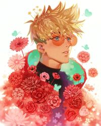 Rule 34 | 1boy, artist name, black shirt, blonde hair, blue eyes, bug, butterfly, coat, collared coat, commentary, english commentary, eyelashes, flower, flower on head, flower request, glasses, green butterfly, high collar, insect, looking away, male focus, munette, orange-tinted eyewear, parted bangs, pink flower, red coat, red flower, red rose, rose, round eyewear, shirt, short hair, simple background, solo, spiked hair, tinted eyewear, trigun, trigun stampede, turtleneck, twitter username, undercut, upper body, vash the stampede, white background, yellow flower