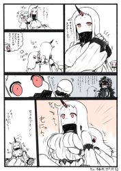 Rule 34 | 10s, 3girls, abyssal ship, black hair, grabbing another&#039;s breast, breasts, claws, comic, flying sweatdrops, gothic lolita, grabbing, horns, hug, hug from behind, isolated island oni, kantai collection, large breasts, lolita fashion, mittens, multiple girls, northern ocean princess, open mouth, red eyes, seaport princess, shoulder massage, single horn, sweatdrop, white hair, yuzuki gao