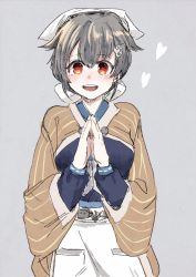 Rule 34 | 1girl, apron, bad id, bad twitter id, bandana, blush, breasts, grey background, grey hair, hair between eyes, hair flaps, hair ornament, hair ribbon, heart, jingei (kancolle), kantai collection, long sleeves, looking at viewer, medium breasts, open mouth, own hands together, red eyes, ribbon, simple background, smile, solo, tori knkr, waist apron, white apron