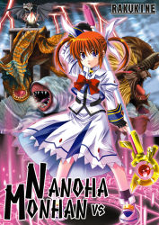 Rule 34 | 00s, 1girl, blue hair, blush, bow, bowtie, breath, brown hair, capcom, copyright name, cover, cover page, crossover, full body, long sleeves, lyrical nanoha, mahou shoujo lyrical nanoha, monster, monster hunter (series), otoki raku, raising heart, raising heart (accel mode), red bow, red bowtie, rod, sharp teeth, smile, solo, staff, standing, takamachi nanoha, takamachi nanoha (sacred mode), teeth, twintails