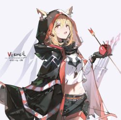 Rule 34 | 1girl, aged up, animal ears, apple, arknights, arrow (projectile), arrow through apple, bandaged arm, bandages, black cloak, black gloves, black shorts, blonde hair, bow (weapon), character name, cloak, cowboy shot, cropped shirt, dadijiji, dated, ear piercing, ears through headwear, food, fox ears, fruit, gloves, hair ornament, hairclip, holding, holding bow (weapon), holding food, holding fruit, holding weapon, hood, hood up, hooded cloak, looking at viewer, midriff, navel, notched ear, open mouth, orange eyes, piercing, quiver, shirt, shorts, solo, vermeil (arknights), weapon, white background, white shirt