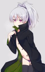 Rule 34 | ..., 1girl, :o, black coat, black thighhighs, blush, breasts, coat, collarbone, commentary request, darker than black, grey background, hair between eyes, hair ribbon, high ponytail, highres, leaning forward, long hair, long sleeves, looking at viewer, navel, nonono (mino), open clothes, open coat, panties, parted lips, ponytail, purple eyes, purple panties, purple ribbon, ribbon, side-tie panties, silver hair, simple background, small breasts, solo, spoken ellipsis, thighhighs, underwear, yin (darker than black)