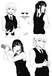 Rule 34 | 2girls, absurdres, alternate hairstyle, bartender, black hair, chxoswolf, cup, highres, holding, holding tray, inoue takina, long hair, looking at viewer, lycoris recoil, monochrome, multiple girls, multiple views, necktie, nishikigi chisato, ponytail, signature, simple background, smile, steepled fingers, tray, vest, waiter, white background