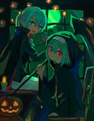 Rule 34 | 2girls, aqua hair, black cape, black shirt, blue eyes, candle, cape, closed mouth, feet out of frame, from side, green hair, hair between eyes, halloween, highres, holding, holding scythe, hood, hood up, indoors, jack-o&#039;-lantern, long sleeves, looking at viewer, looking to the side, multiple girls, nagomi ( nagomi ), open mouth, original, pointy ears, pumpkin, red eyes, scythe, shirt, sitting, wide sleeves, window