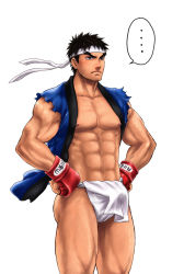 Rule 34 | 1boy, abs, black hair, blush, bulge, erection, erection under clothes, f-15jrs, fundoshi, gloves, headband, japanese clothes, looking away, male focus, muscular, pectorals, ryu (street fighter), solo, street fighter, street fighter iv (series), torn clothes, underwear