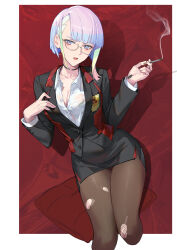 Rule 34 | 1girl, absurdres, bigroll, black choker, black jacket, black pantyhose, black skirt, blazer, blonde hair, blue hair, border, breasts, choker, cigarette, cleavage, collared shirt, commentary request, cropped legs, cyberpunk (series), cyberpunk edgerunners, eyeliner, glasses, green hair, hand on own chest, highres, holding, holding cigarette, jacket, lipstick, long sleeves, looking at viewer, lucy (cyberpunk), makeup, medium breasts, multicolored eyes, multicolored hair, orange hair, outside border, pantyhose, parted bangs, parted lips, pencil skirt, pillow, pink hair, purple hair, red eyeliner, red lips, school uniform, shadow, shirt, short hair, skirt, smoke, solo, torn clothes, torn pantyhose, white border, white shirt