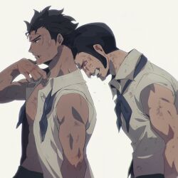Rule 34 | 2boys, abs, aged down, arm at side, arm up, bare arms, bare shoulders, black hair, blood, blood from mouth, clenched teeth, closed eyes, closed mouth, collared shirt, crying, dripping, highres, injury, leaning forward, looking down, male focus, monkey d. garp, multiple boys, one piece, open clothes, open shirt, ovasayuri, scar, scar on face, scratches, sengoku (one piece), shirt, short hair, sideburns, simple background, sleeveless, sleeveless shirt, stomach, teeth, toned, toned male, unhappy, upper body, white background, white shirt, wing collar