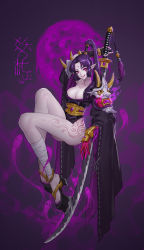 Rule 34 | 1girl, :q, armor, aura, breasts, cleavage, clog sandals, dungeon and fighter, facial mark, forehead mark, full body, hair over shoulder, hannya, high ponytail, highres, holding, holding sword, holding weapon, huge weapon, japanese armor, japanese clothes, katana, kimono, kote, lanyuandashen, large breasts, licking lips, long hair, long sleeves, looking at viewer, nail polish, obi, okobo, ootachi, pale skin, parted bangs, pauldrons, pelvic curtain, pointy ears, purple eyes, purple hair, purple nails, sandals, sash, shoulder armor, sidelocks, smile, solo, sword, tattoo, thighs, tongue, tongue out, v-shaped eyebrows, weapon, wide sleeves