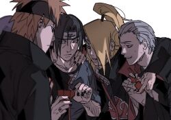 4boys akatsuki_uniform black_coat black_hair black_nails blonde_hair blue_eyes coat deidara_(naruto) dong2taku ear_piercing forehead_protector grey_hair hidan_(naruto) jewelry konohagakure_symbol long_hair male_focus multiple_boys naruto_(series) naruto_shippuuden necklace orange_hair pain_(naruto) piercing purple_eyes red_eyes ring sharingan uchiha_itachi white_background