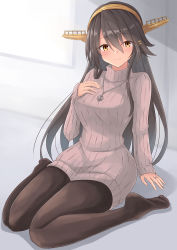 Rule 34 | 1girl, absurdres, alternate costume, anchor necklace, black hair, black pantyhose, brown eyes, gensoukitan, hair ornament, hairband, hairclip, haruna (kancolle), headgear, highres, jewelry, kantai collection, long hair, long sleeves, necklace, pantyhose, ring, sidelocks, sitting, solo, sweater, wariza, wedding band