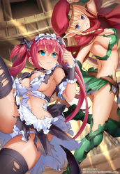 Rule 34 | 2girls, airi (queen&#039;s blade), airi (queen&#039;s blade unlimited), alleyne (queen&#039;s blade), alleyne (queen&#039;s blade unlimited), apron, armpits, ass, back, beret, black bow, black dress, black legwear, black ribbon, blonde hair, blue eyes, blush, boots, bow, bowtie, braid, breasts, cleavage, cleavage cutout, clenched teeth, clothing cutout, collar, dress, elf, frilled dress, frilled sleeves, frills, gloves, green gloves, green legwear, green shirt, green skirt, hair ribbon, hat, highres, indoors, large breasts, leg lift, long hair, maid, maid apron, maid headdress, medium breasts, midriff, multiple girls, navel, no bra, nose blush, official art, panties, pantyshot, pleated dress, pointy ears, puffy short sleeves, puffy sleeves, queen&#039;s blade, queen&#039;s blade unlimited, queen&#039;s blade white triangle, red hair, red headwear, red neckwear, ribbon, sash, scarf, shirt, short dress, short sleeves, side braid, sideboob, sidelocks, skindentation, skirt, teeth, thighhighs, thighs, torn clothes, torn dress, twintails, two side up, underboob, underwear, v-shaped eyebrows, very long hair, wardrobe malfunction, white apron, white panties, white sash, wrist cuffs, zettai ryouiki