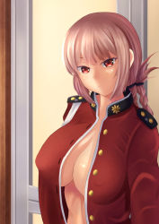 Rule 34 | 1girl, breasts, closed mouth, fate/grand order, fate (series), florence nightingale (fate), keidai 3, large breasts, long hair, looking at viewer, military, military uniform, no bra, open clothes, open shirt, pink hair, red eyes, shirt, solo, uniform, upper body
