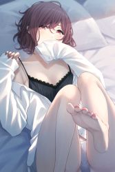 Rule 34 | 1girl, absurdres, ae iueo, bed sheet, black camisole, blouse, borrowed clothes, camisole, collarbone, covered mouth, grey panties, highres, higuchi madoka, idolmaster, idolmaster shiny colors, leg up, looking at viewer, lying, mole, mole under eye, nail polish, on back, on bed, oversized clothes, oversized shirt, panties, red eyes, red hair, shirt, sleeves past wrists, solo, underwear, white shirt
