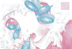 Rule 34 | 1girl, 2023, balloon, balloon animal, blush, hand up, happy new year, highres, limited palette, new year, nib4a, open mouth, original, portrait, solo, surreal, white hair