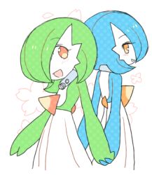 Rule 34 | 2girls, alternate color, back, back-to-back, blue hair, blue skin, blush, bob cut, collar, colored skin, creatures (company), eye contact, female focus, flat chest, floral background, from behind, game freak, gardevoir, gen 3 pokemon, green hair, green skin, grin, hair over one eye, halftone, happy, holding hands, interlocked fingers, light blush, looking at another, looking back, lotosu, lowres, mega stone, multicolored skin, multiple girls, nintendo, open mouth, orange eyes, pokemon, pokemon (creature), shiny and normal, shiny pokemon, short hair, sideways mouth, simple background, sketch, smile, standing, teeth, two-tone skin, white background, white skin, yuri