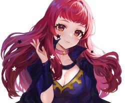 Rule 34 | 1girl, black cape, breasts, brown eyes, cape, choker, cleavage, commentary, facial mark, fire emblem, fire emblem engage, hand up, highres, jurge, large breasts, long hair, looking at viewer, nintendo, pink choker, red hair, simple background, solo, star (symbol), upper body, very long hair, white background, yunaka (fire emblem)