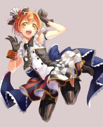 Rule 34 | 10s, 1girl, absurdres, black gloves, blush, cafe maid (love live!), checkered clothes, checkered skirt, earrings, gloves, grey background, hat, highres, hoshizora rin, jewelry, jumping, konya (chocolate palette), love live!, love live! school idol festival, love live! school idol project, musical note, necktie, open mouth, orange hair, pinstripe pattern, short hair, skirt, solo, striped clothes, striped skirt, striped thighhighs, thighhighs, treble clef, vertical-striped clothes, vertical-striped skirt, vertical-striped thighhighs