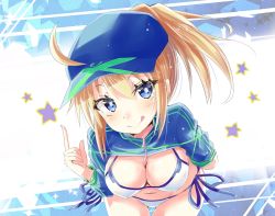 Rule 34 | 1girl, :q, ahoge, arm behind back, artoria pendragon (fate), bikini, blonde hair, blue eyes, blue hat, blue jacket, blush, breasts, cleavage, closed mouth, commentary request, fate/grand order, fate (series), fingernails, flat cap, hair between eyes, hair through headwear, hat, head tilt, highres, hizaka, index finger raised, jacket, leaning forward, long sleeves, looking at viewer, medium breasts, mysterious heroine x (fate), mysterious heroine xx (fate), navel, ponytail, shrug (clothing), side-tie bikini bottom, smile, solo, star (symbol), swimsuit, tongue, tongue out, v-shaped eyebrows, white bikini
