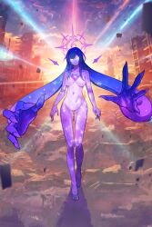 1girl blue_hair blue_halo blue_skin city cityscape colored_skin copyright_request full_body glowing glowing_eyes halo hand_shaped_hair light_rays non-web_source ruins solo standing starry_hair starry_skin white_eyes