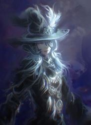 Rule 34 | 1girl, au ra, black mage (final fantasy), dark background, dragon horns, eyepatch, final fantasy, final fantasy xiv, green eyes, grey hair, hat, highres, horns, lips, long hair, looking at viewer, norino (106592473), scales, solo, warrior of light (ff14), witch hat