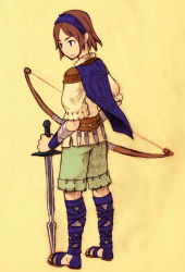 Rule 34 | 1boy, armband, bow (weapon), brown hair, final fantasy, final fantasy tactics, hacrow, hairband, highres, male focus, parody, poncho, sandals, shadow of the colossus, short hair, shorts, solo, style parody, surcoat, sword, wander (shadow of the colossus), weapon
