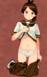 Rule 34 | 1girl, banned artist, bow, bow panties, brown background, brown eyes, brown hair, brown sailor collar, brown skirt, clothes lift, clothes pull, full body, highres, kantai collection, kneeling, lifting own clothes, makio (makiomeigenbot), panties, pleated skirt, ponytail, pulling own clothes, sailor collar, school uniform, serafuku, shikinami (kancolle), shirt lift, shoes, short hair, skirt, skirt pull, solo, underwear, uwabaki, white panties