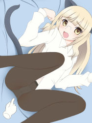 Rule 34 | 00s, 1girl, animal ears, blonde hair, cursor, dutch angle, glasses, kurappii, long hair, looking at viewer, lying, open mouth, panties, panties under pantyhose, pantyhose, perrine h. clostermann, solo, strike witches, tail, underwear, world witches series, yellow eyes