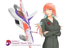 Rule 34 | 1girl, absurdres, ace combat, character name, check commentary, commentary request, crossed arms, crossover, earrings, f-22, f-22 raptor, feather earrings, feathers, gradient hair, highres, hololive, hololive english, jewelry, long hair, multicolored hair, namco, orange hair, pilot suit, purple eyes, scarface 1, sccmembt, takanashi kiara, trait connection, upper body, virtual youtuber