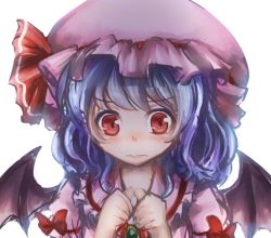 Rule 34 | 1girl, bad id, bad pixiv id, bat wings, blue hair, blush, bow, brooch, close-up, flustered, hat, hat bow, jewelry, looking at viewer, maru daizu (aqua6233), mob cap, pink shirt, remilia scarlet, shirt, short hair, simple background, sketch, solo, touhou, white background, wings