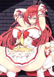 Rule 34 | 1girl, armor, arms up, ass, bare shoulders, belt, blue eyes, blush, boots, breasts, chain, covered erect nipples, detached collar, elbow gloves, gauntlets, glaring, gloves, godsworn alexiel, granblue fantasy, hair between eyes, hair ornament, highres, large breasts, long hair, looking at viewer, open mouth, pleated skirt, red hair, restrained, scowl, skirt, solo, spread legs, squatting, sukage, thigh boots, thighhighs, thighs, very long hair, white skirt, white thighhighs