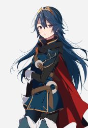 Rule 34 | 1girl, belt, belt buckle, black cape, black shirt, blue hair, boots, buckle, cape, fire emblem, fire emblem awakening, gloves, highres, long hair, long sleeves, looking at viewer, lucina (fire emblem), nintendo, open mouth, ribbed sweater, ryon (ryonhei), shirt, simple background, solo, sweater, symbol-shaped pupils, thigh boots, thighhighs, tiara, turtleneck, very long hair, white background, wrist cuffs