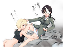 Rule 34 | 2girls, ass, black hair, blonde hair, blue eyes, blush, bottomless, bow, breasts, brown eyes, erica hartmann, gertrud barkhorn, hair bow, hair ornament, isosceles triangle (xyzxyzxyz), medium breasts, military, military uniform, multiple girls, no panties, object on head, open mouth, panties, panties on head, panty pull, short hair, simple background, small breasts, strike witches, twintails, underwear, uniform, unworn panties, white background, white panties, world witches series, yuri