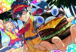 Rule 34 | 1boy, 1girl, ^ ^, absurdres, amamiya ren, andrich galam, arm up, burger, cat, cheese, clenched hand, closed eyes, collared shirt, food, glasses, hat, heart, highres, jumping, lettuce, morgana (persona 5), necktie, okumura haru, open mouth, palm tree, persona, persona 5, print headwear, print shirt, red hat, red necktie, shirt, smile, teeth, tree, upper teeth only, visor cap, whiskers, yellow shirt