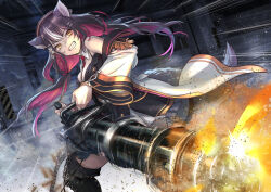 Rule 34 | 1girl, animal ears, bare shoulders, between breasts, boots, breasts, brown hair, chisaka airi, cleavage, colored inner hair, detached collar, epaulettes, feet out of frame, firing, flower, gatling gun, hair flower, hair ornament, indoors, jacket, large breasts, long hair, long sleeves, minigun, multicolored hair, necktie, necktie between breasts, open clothes, open jacket, phase connect, pink hair, solo, tail, thigh boots, toko (tokkotoritori), virtual youtuber, white hair, wide sleeves, wolf ears, wolf tail, yellow eyes
