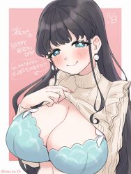 Rule 34 | 1girl, absurdres, aqua bra, aqua eyes, black hair, blush, bra, breasts, choco-chan, cleavage, clothes lift, dated, earrings, hanjuku choco-pai, happy birthday, highres, jewelry, large breasts, lifted by self, long hair, looking at viewer, original, pearl earrings, simple background, smile, solo, sweater, sweater lift, turtleneck, turtleneck sweater, underwear