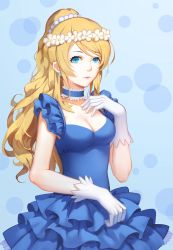 Rule 34 | 10s, 1girl, alternate hairstyle, ayase eli, blonde hair, blue dress, blue eyes, breasts, cleavage, dress, gloves, hand on own chest, head wreath, long hair, looking at viewer, love live!, love live! school idol project, minhoo, ponytail, solo, yume no tobira