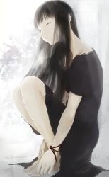Rule 34 | 1girl, bare legs, barefoot, black dress, black hair, blunt bangs, closed eyes, closed mouth, commentary request, dress, eyelashes, from side, full body, grey background, head tilt, highres, junito715, lace, lace-trimmed dress, lace trim, long hair, original, ribbon, short sleeves, solo, squatting, straight hair, wrist ribbon