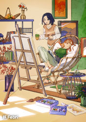 Rule 34 | 2girls, anklet, barefoot, black hair, blouse, book, breasts, brown hair, brown vest, capri pants, chair, cup, easel, closed eyes, green shirt, grey pants, highres, holding, jewelry, leaf, long hair, long sleeves, medium breasts, medium hair, multiple girls, original, paint, palette (object), pants, parted lips, plant, potted plant, shelf, shirt, sitting, smile, standing, steam, umishima senbon, vest, white shirt, wide shot