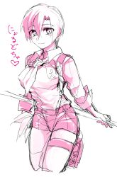 Rule 34 | 1girl, blush, breasts, gender request, genderswap, hammer, highres, ludger will kresnik, monochrome, necktie, pink theme, short hair, short shorts, shorts, smile, tales of (series), tales of xillia, tales of xillia 2, weapon