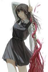 Rule 34 | 1girl, absurdres, belt, belt buckle, black belt, black dress, black hair, black ribbon, buckle, chainsaw man, closed mouth, collared shirt, commentary, cross scar, dress, facial scar, floating hair, fourth east high school uniform, highres, holding, holding weapon, long hair, long sleeves, looking at viewer, neck ribbon, orange eyes, pinafore dress, ribbon, ringed eyes, scar, scar on cheek, scar on face, school uniform, shirt, simple background, sleeveless, sleeveless dress, solo, uniform, uqi32, weapon, white background, white shirt, yoru (chainsaw man)