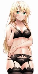 Rule 34 | 1girl, arm across waist, bare arms, bare shoulders, black bra, black panties, black thighhighs, blonde hair, blush, bra, breasts, cleavage, closed mouth, cowboy shot, earrings, frown, garter belt, green eyes, jewelry, large breasts, lingerie, long hair, looking at viewer, miura yumiko, navel, panties, red hayao, simple background, solo, stomach, stud earrings, thighhighs, underwear, underwear only, very long hair, white background, yahari ore no seishun lovecome wa machigatteiru.