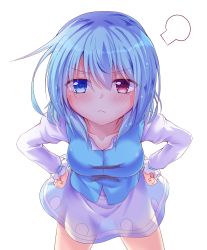 Rule 34 | 1girl, absurdres, angry, blue eyes, blue hair, blue vest, blush, breasts, collarbone, commentary request, frown, hands on own hips, highres, leaning forward, looking at viewer, medium breasts, red eyes, saisyuusensi, shirt, short hair, skirt, solo, tatara kogasa, touhou, vest, white background, white shirt, white skirt